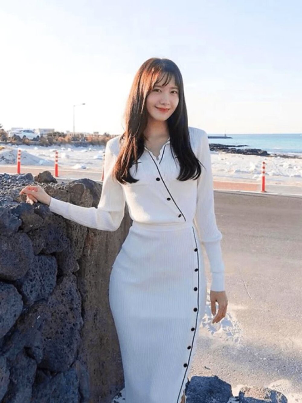 Self portrait Ivory Contrast Stitch Ribbed Knit Dress M